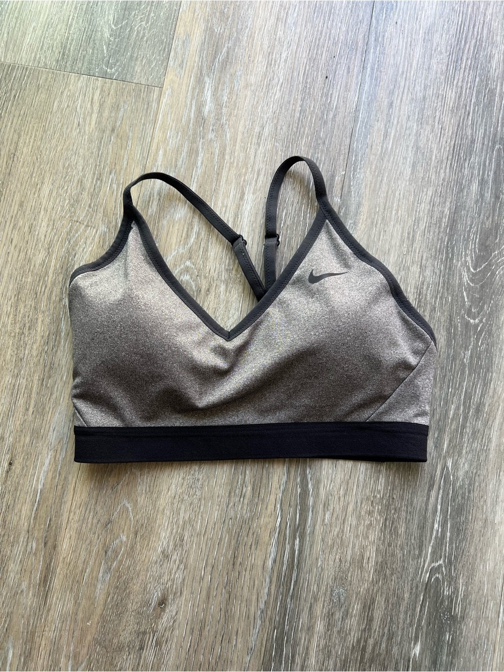 Nike Metallic Gray V-Neck Sports Bra with Black Band